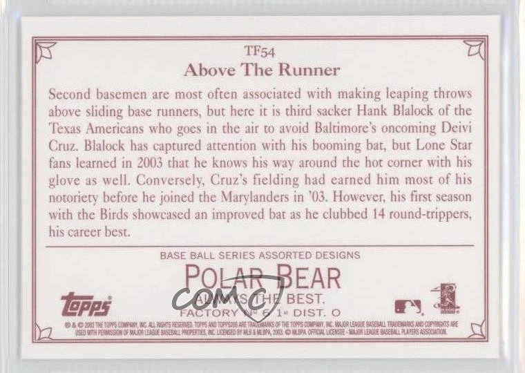 2003 Topps 205 Triple Folders Polar Bear Back Deivi Cruz Hank Blalock #TF54 - Image 2 of 2