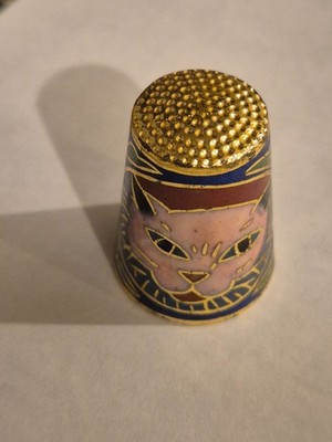Cloisonné Emaille Fingerhut gold vergoldet Katze & Blumenmuster Sammlerstück