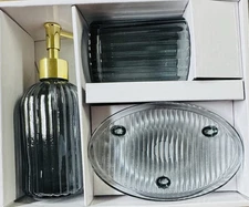 3  Piece Texture Glass Bathroom Accessories Kit (Soap Dish, Cup & Soap/Lotion Pu