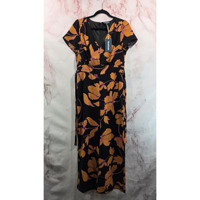 Mod Cloth Jumpsuit Womens Medium Black Orange Floral Wide Leg Aiming Higher V 
