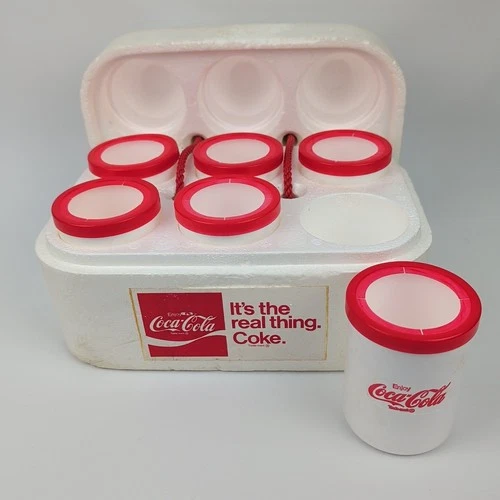 VTG Coca-Cola Styrofoam Cooler W/6 Styrofoam Can Koozies Desert Pak