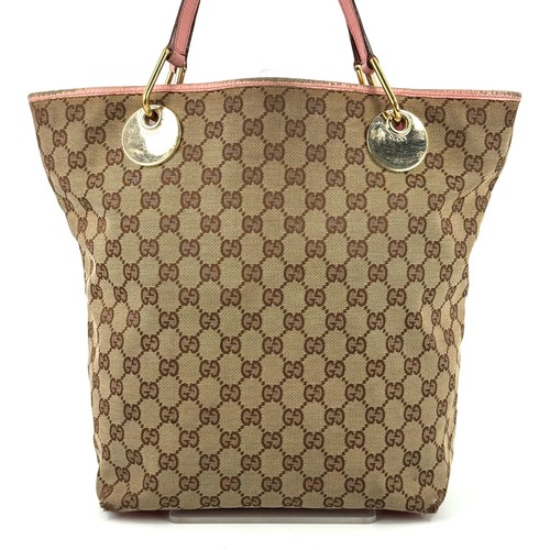 GUCCI GG Canvas Tote Shoulder Bag Beige Gold Leather Pink Authentic 120836 - Picture 8 of 18