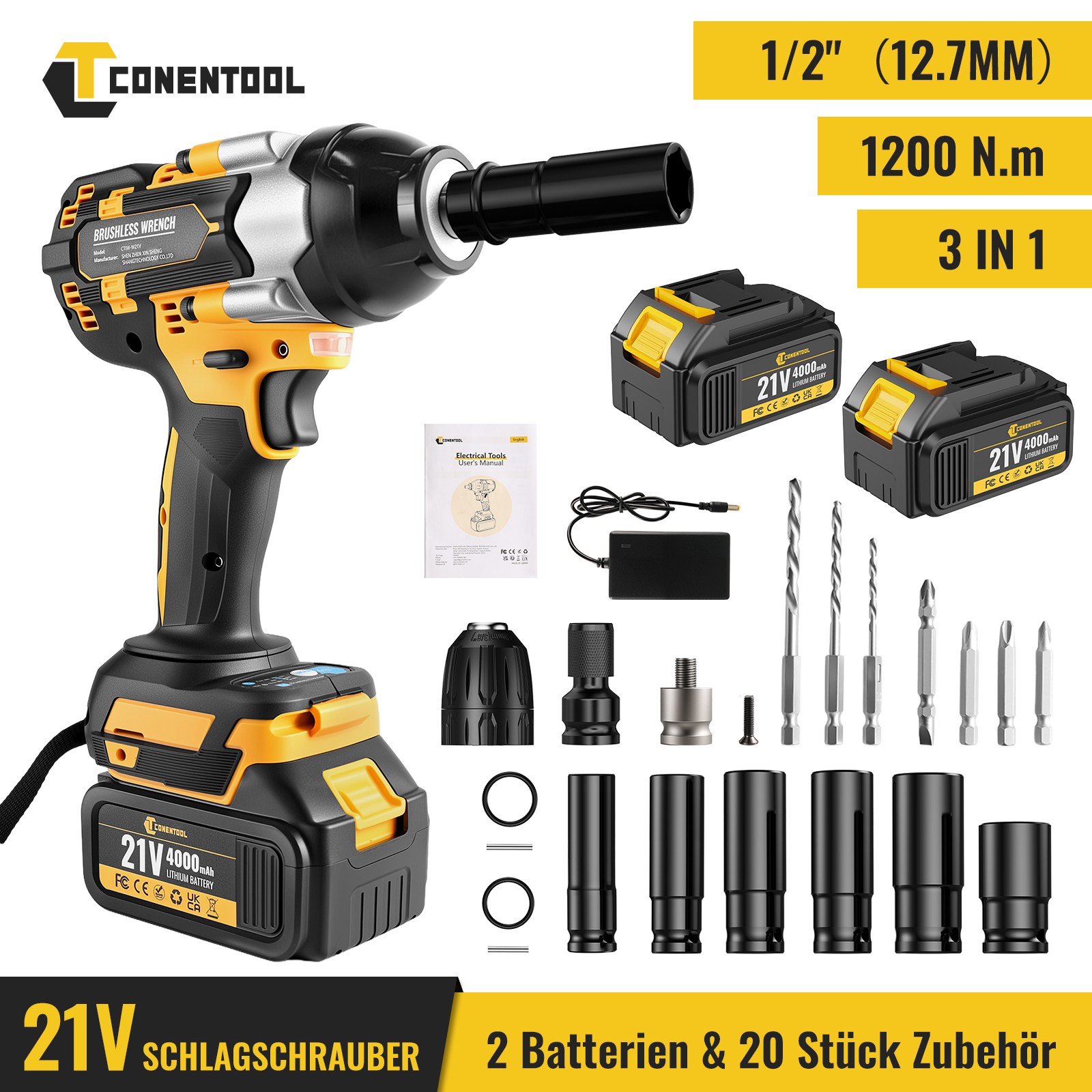 CONENTOOL Avvitatore a percussione a batteria 1200N Avvitatore a percussione elettrico 4600RPM con batterie 2*
