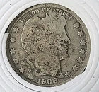 1908 O New Orleans Barber Liberty Head US Quarter 0.1808 Tr oz Silver