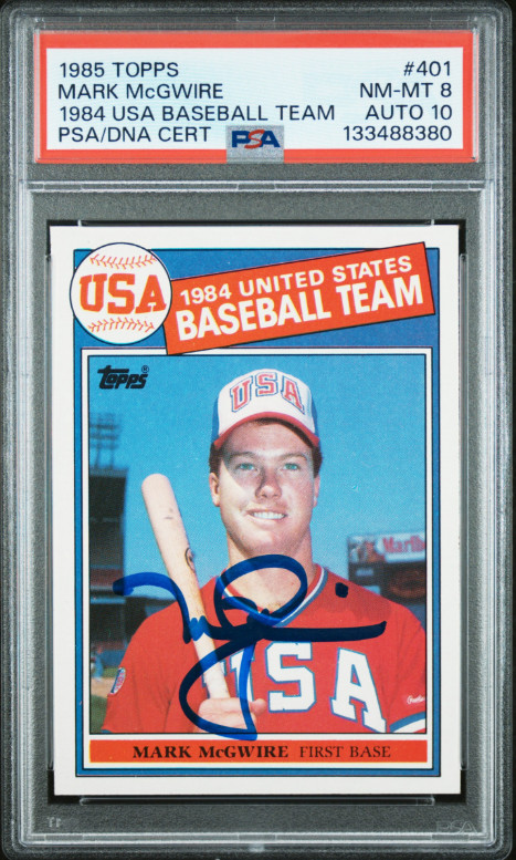1985 Topps Mark McGwire Signed USA Rookie Baseball Card PSA 8 DNA 10 Certified