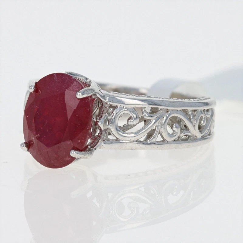 纯银铅玻璃填充红宝石鸡尾酒单颗戒指 - 925 椭圆形 3.15 克拉 — 第 3/4 张图片