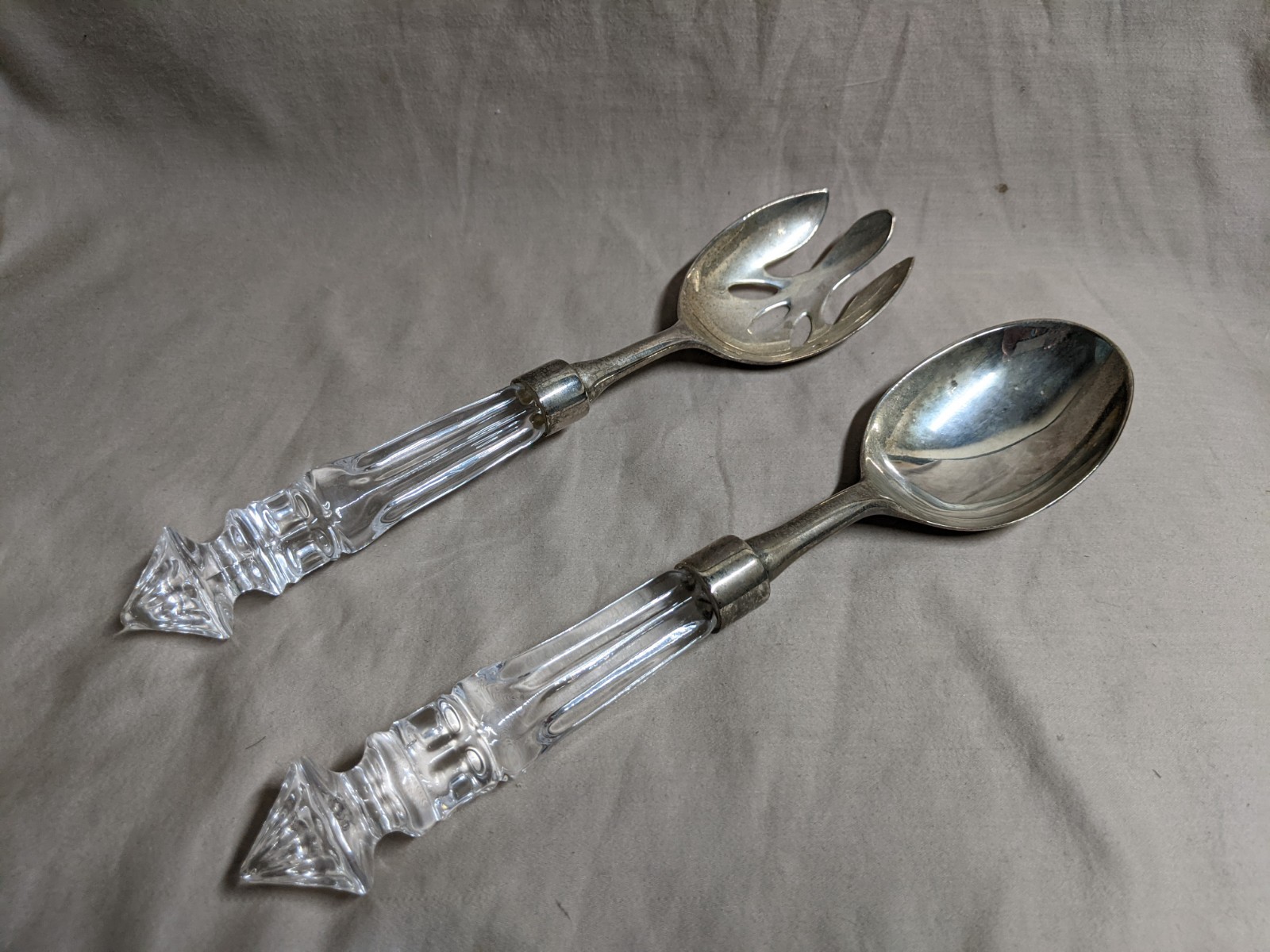 Vintage Crystal Glass Handle Serving Salad Fork & Spoon 