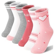 6 Pairs Girls Kids Socks Athletic Sport Basketball 5-8 Years White Pink Heart