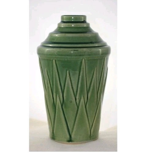 Vintage Mccoy Pottery 1920s V-2 Green Vase Approx 8.5" Art Deco Glossy