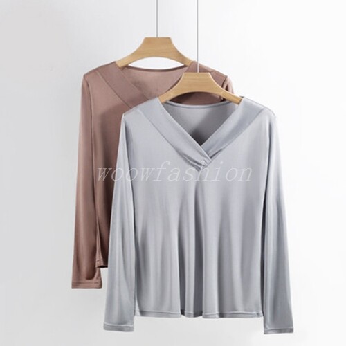 Mujeres Seda Cuello en V Camisetas Camisetas Ropa Interior Térmica Mangas Largas Camiseta Básica - Imagen 8 de 18