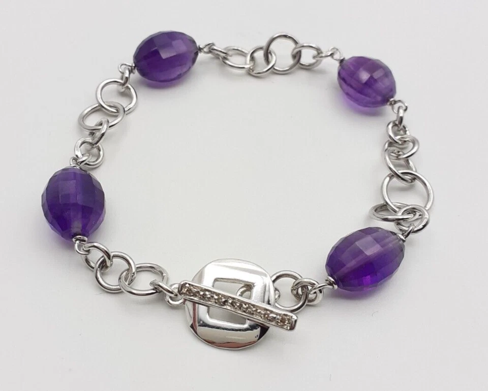 Bracciale Ametista argento 925 diamanti brown gioiello donna catena chiusura a T - Immagine 4 di 4