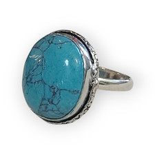 925 Sterling Silver Oval Turquoise Gemstone Statement Hammered Ring sz 6.5