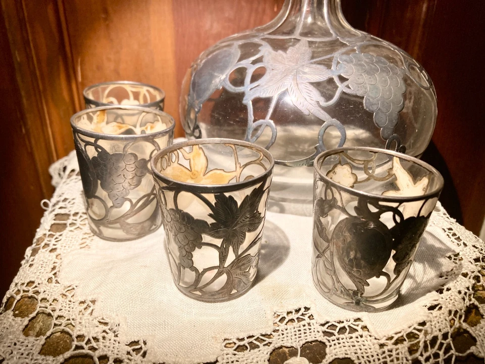 Antiguo juego de jarra de cristal y 4 vasos de chupito Alvin .999 de plata fina de 11" Foto 2 de 4