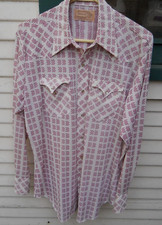 VINTAGE MEN'S WESTERN SNAP BUTTON LONG SLEEVE SHIRT SZ LRG PINK WHITE BY BRONCO