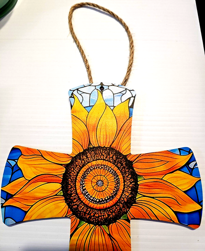 Sonnenblume auf Glasmalerei Bild Holzstil Kreuz Wanddeko Inspirierend - Bild 7 von 7