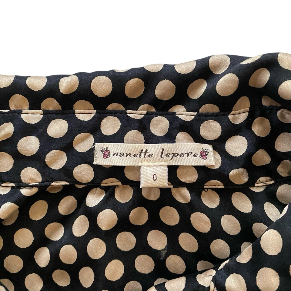 Nanette Lepore Silk Shirt Dress Size 0 Black Cream Polka Dot Button Front - Image 3 of 4
