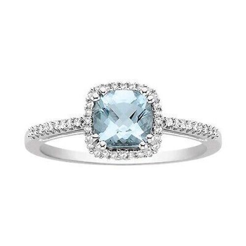Cushion Aquamarine & Halo Engagement Ring 10K White Gold - Picture 3 of 6