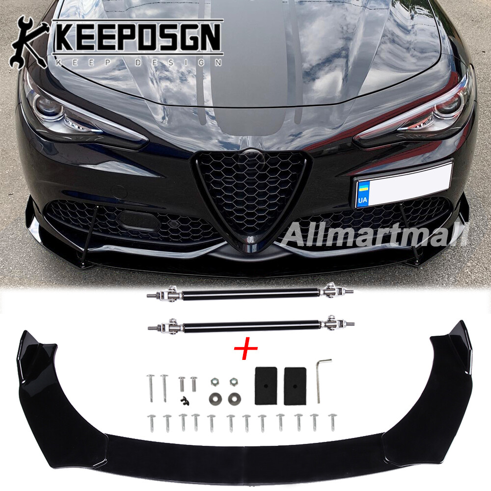 For Alfa Romeo Giulia Front Bumper Lip Spoiler Splitter Strut Rods Glossy Black