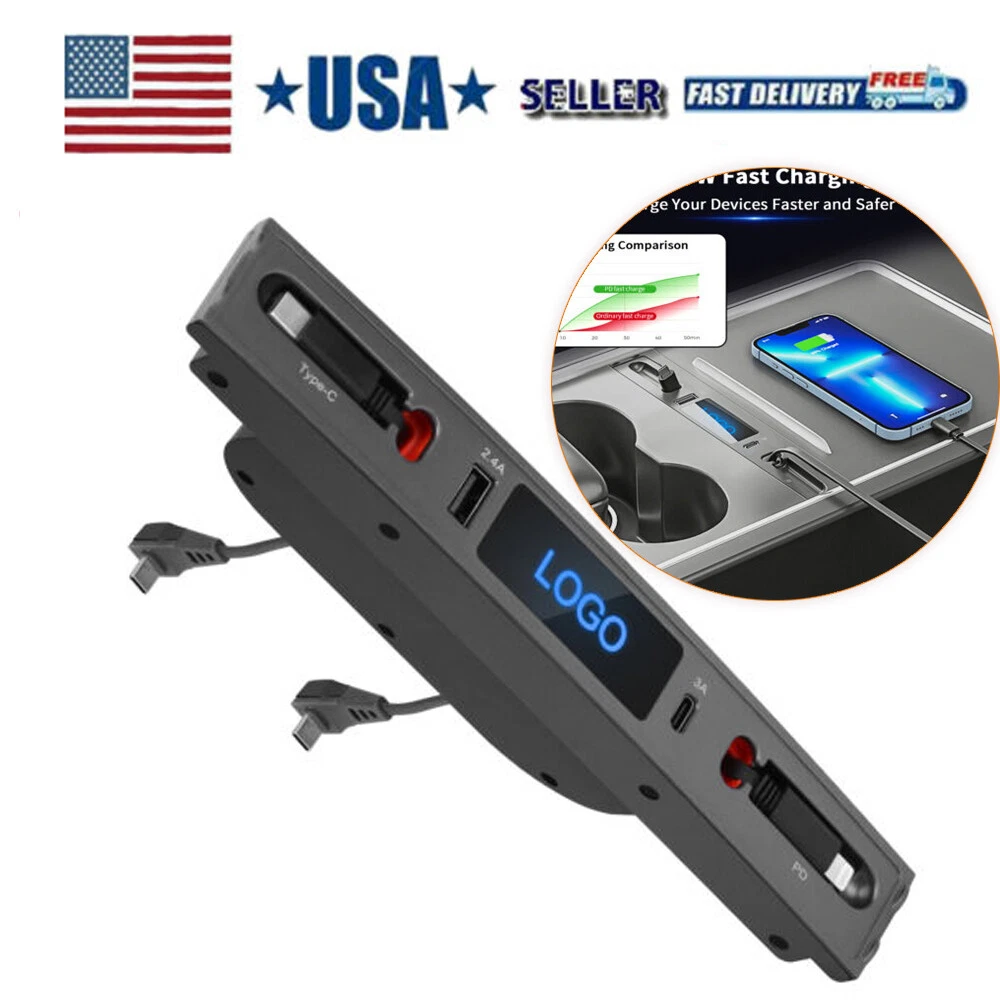 For Model 3Y Tesla USB Hub, Docking Station with Retractable Fast Charging Cable
