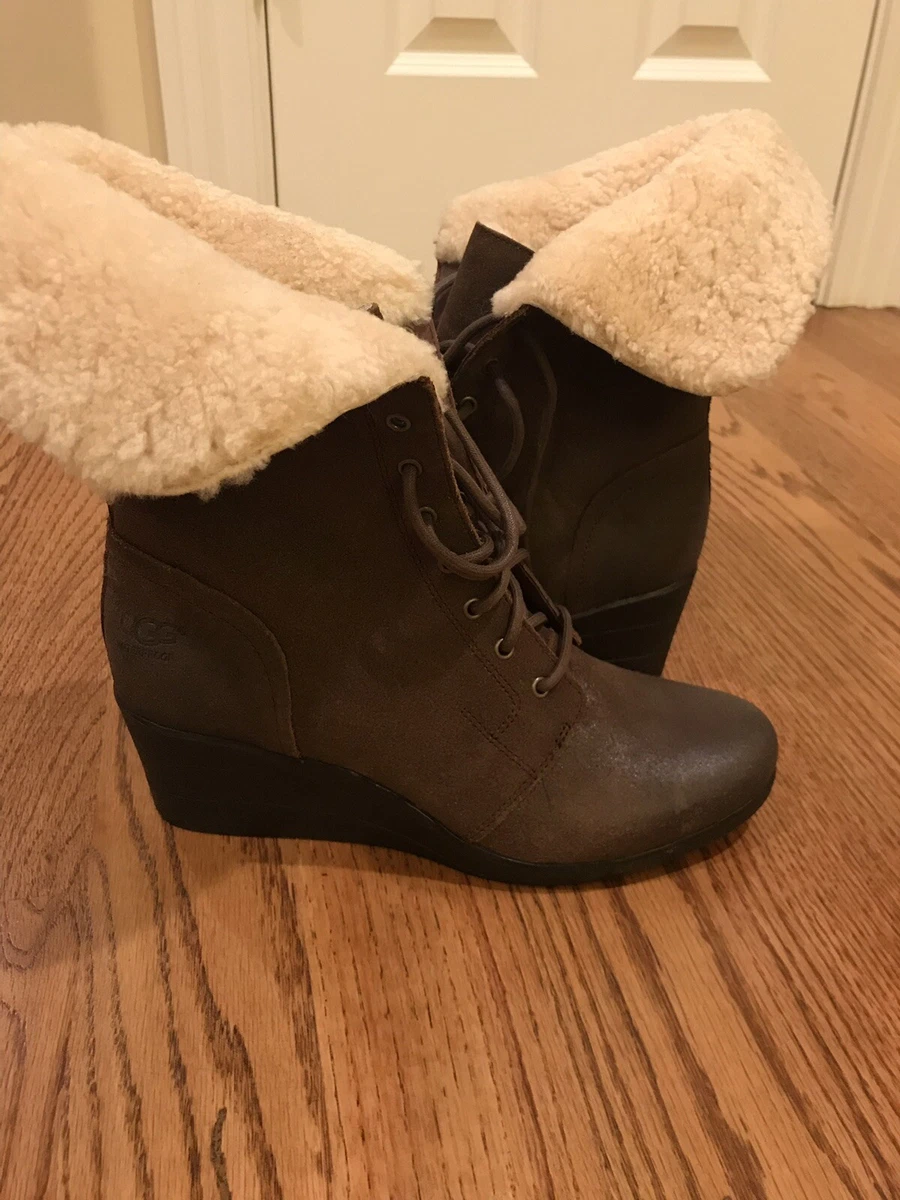 NEW UGG Zea Boot Women s Brown Leather Wool Uptown Wedge Waterproof Size 11