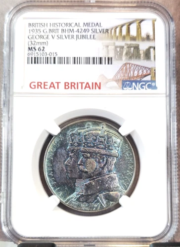 1935 GREAT BRITAIN SILVER BHM 4249 GEORGE V SILVER JUBILEE NGC MS 62 CRAZY COLOR