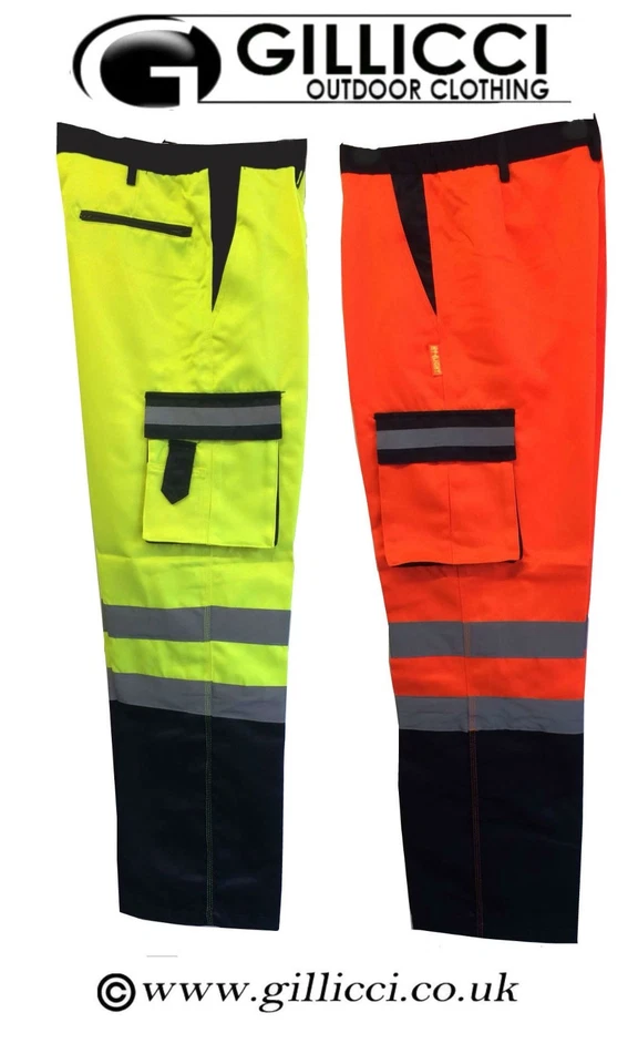 GILLICCI HI VIS VISIBILITY POLYCOTTON TWO 2 TONE ORANGE/YELLOW/NAVY COMBAT WORK TROUSERS