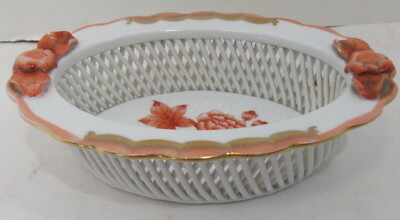 HEREND Hungarian Open weave basket, raised flower design 