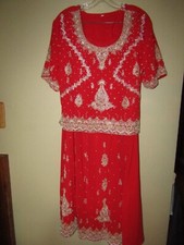 Indian Pakistani 44 RED GOLD Embroidered SHORT Sleeve 2 PC Dress GOWN Rhinestone