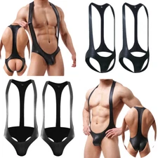 Men's Wetlook Wrestling Singlet Leotard Faux Leather Jockstrap Jumpsuit Fitness
