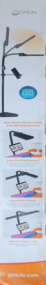OttLite 6D2G5C Dual Shade Adjustable LED Floor Lamp w/USB Charging Station *NEW* - Image 2 of 4