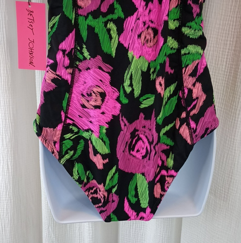 Betsey Johnson Floral 1 piece Swimsuit Hot Pink Flowers Size L Padded Adj Straps - Picture 6 of 16