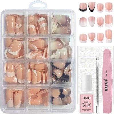 DMQ French Press on Nails Short Set, 288Pcs Square Black White French Tip False