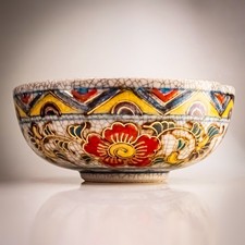 Antique Japanese Crackle Glaze Hand Painted Gilt Floral Ramen Noodle Bowl Signed