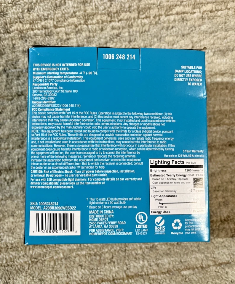 EcoSmart 90-Watt Equivalent BR30 Dimmable LED Light Bulb, Soft White (2-Pack) - Image 3 of 4