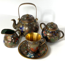 Ant CLOISONEE And ENAMEL BRASS TEA SET - TEAPOT CREAMER SUGAR CUP SAUCER Marked
