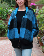 Vtg I.B. Diffusion L Mohair Knit Sweater Cardigan Blue Plaid Oversized Jacket