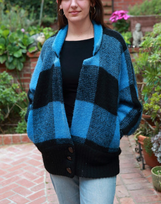 Vtg I.B. Diffusion L Mohair Knit Sweater Cardigan Blue Plaid Oversized Jacket