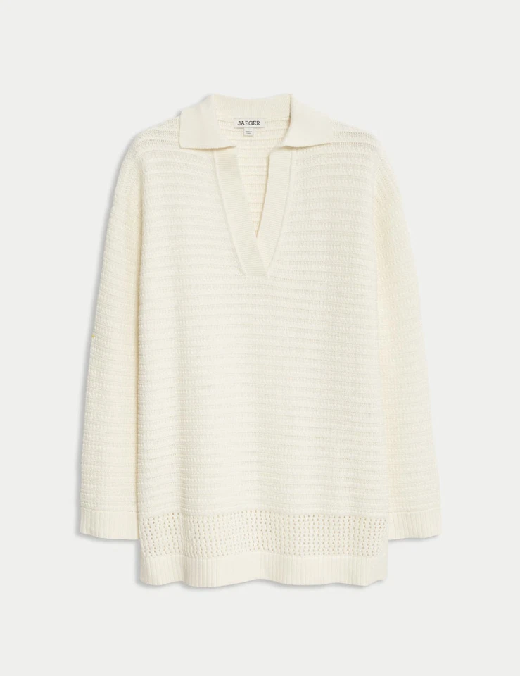 M&S - Jaeger Womens White Cotton V-Neck Long sleeved Jumper - Image 2 of 4