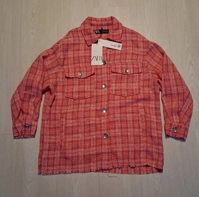 Zara Tweed Shacket Damen Medium rosa kariert ausgefranster Saum Kragen Knopfleiste