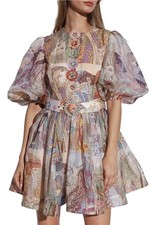 ZIMMERMANN Kaleidoscope Linen Silk Dress 0 Sleeveless Tailored Belted RRP $1800+