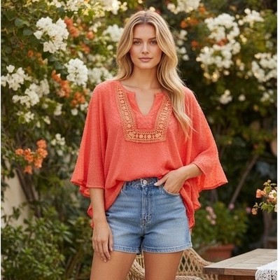 Umgee Coral Swiss Dot Crochet Lace High Low Tunic Top Boho Coachella Festival M