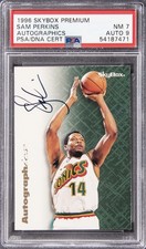 1996 SKYBOX PREM AUTOGRAPHICS SAM PERKINS PSA 7 AUTO 9