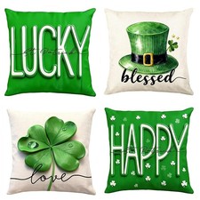 St Patricks Day Throw Pillow Covers, 18x18 Inch, Set of 4, Shamrock Linen wit...