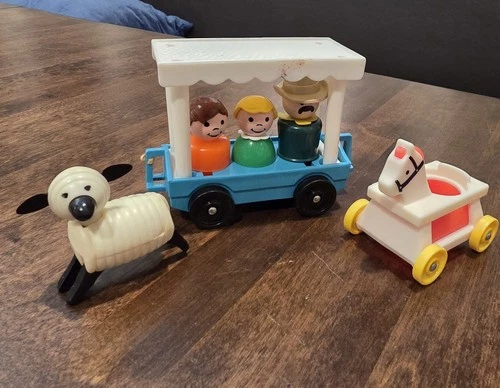 Misc Lot Vintage Little People Trolley Car, Sheep, Riding Horse, 3 People