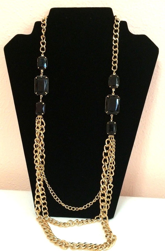 Black Rhinestone Gold 3 Chain Necklace 17