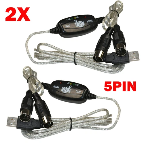 2x USB IN-OUT For MIDI Cable Converter 5-Pin to PC Music Keyboard Adapter Cord