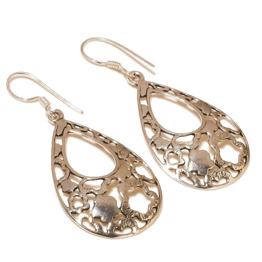Sterling Silver Handmade Engraved Flower Drop Earrings No Stone 925