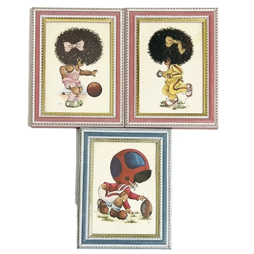 Arthur A. Kaplan Co. Framed Litho Print Cartoon Lot of 3 Children Sports Kids