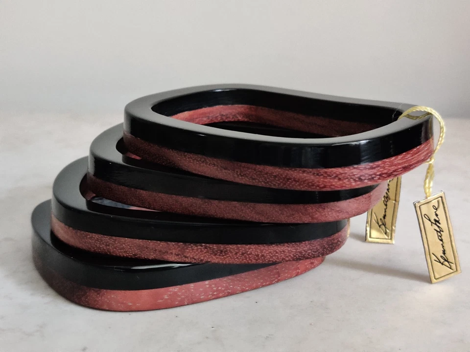 KJL Kenneth Jay Lane Bakelite Rectangular Bangle Bracelet Black & Wood VTG Rare - Image 3 of 4