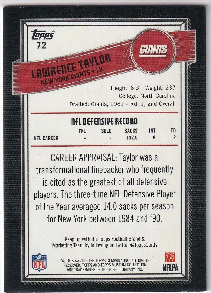 LAWRENCE TAYLOR 2015 Topps Museum Collection #72 Giants - Image 2 of 2